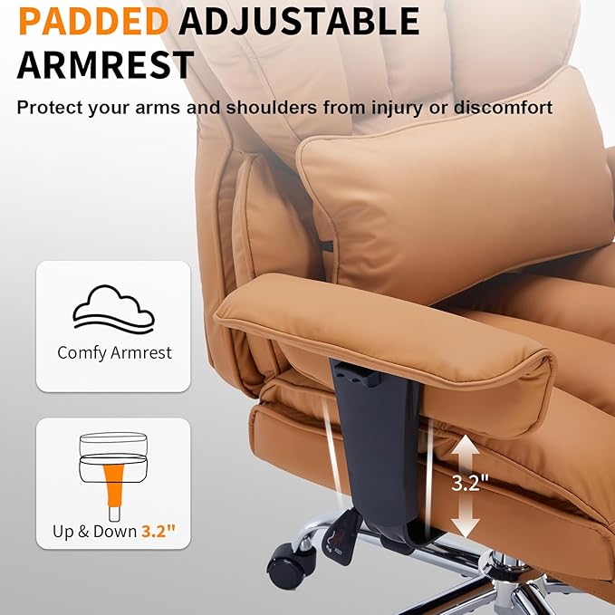 Garvee Big and Tall Office Chair, Executive Leather Office Chair with Footrest, 400lbs Ergonomic Gaming Chair for Adults, Wide Seat Computer Desk Chair with Lumbar Support, 150 Degree Reclining, Brown
