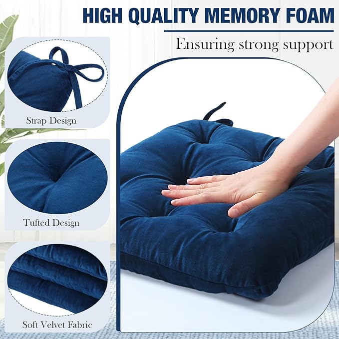 Nuanchu Memory Foam Chair Cushions Set of 4, Thick Indoor Seat Cushions for Dining Chairs Tufted Seat Pads for Kitchen, Dining Room, Office,(Royal Blue,15.5"x15.5"x4")