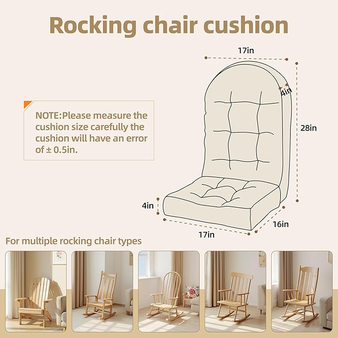 Rocking Chair Cushion - Plaid Corduroy Fabric, High-Density Sponge, Durable Comfort Non-Slip Bottom Tufted Seat Pads with Ties, Plaid Corduroy︱White, 44x19x4 inch