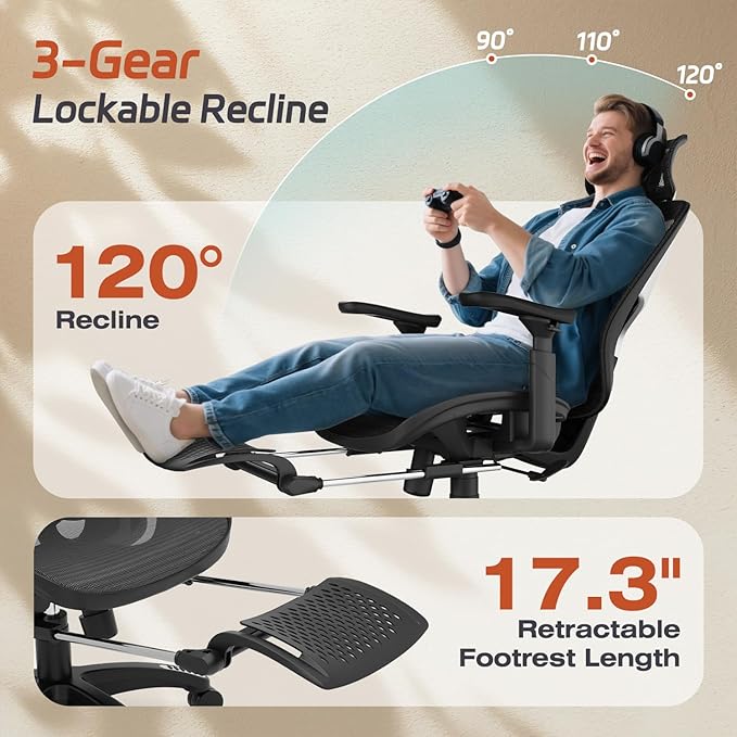 Ergonomic Home Mesh Chair with Footrest, Lumbar Height Adjustment & 215° Rotate Armrests, Recline Lock 90°–120°, High-Back Big and Tall Computer Chair, Heavy-Duty Office Chair, Black