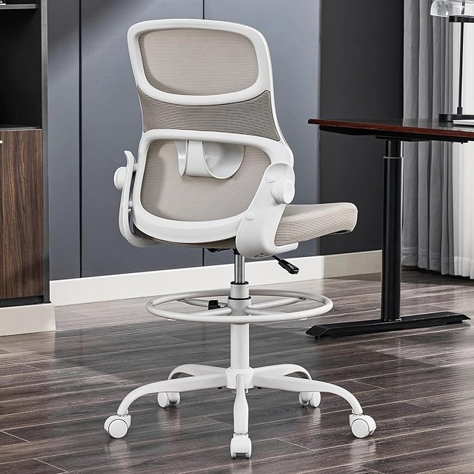 Drafting Chair Armless, Tall Office Chair with Adjustable Foot Ring and Lumbar Support, Ergonomic Mesh High Desk Chair for Standing Desk, Black