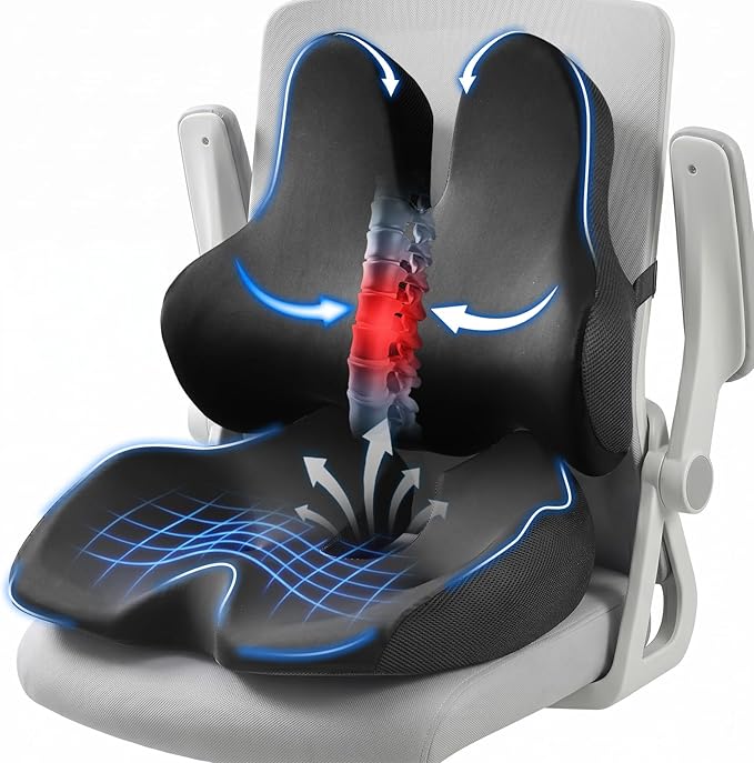 Seat Cushion Lumbar Support Pillow Set with Adjustable Fixed Strap, Memory Foam Coccyx Pad for Tailbone & Sciatica Pain Relief, Chair Cushions Back Support for Car, Office, Desk, Wheelchair