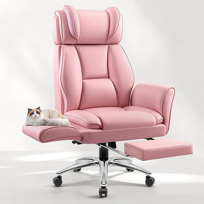 Big and Tall Office Chair, Flip Armrests for Cross Legged Sitting, Ergonomic Leather Executive Desk Chair with Foot Rest, High-Back Reclining Computer Chair for Office Home Game - Peach Pink