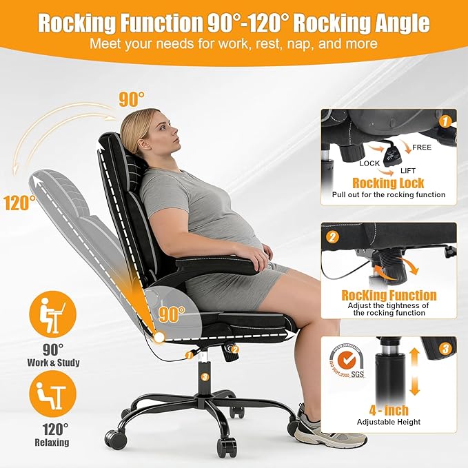 Big and Tall Office Chair with Adjustable Lumbar Support,Breathable Fabric High Back Desk Computer Chair with Adjustable Flip-up Armrests,Ergonomic Swivel PC Chair with Rocking Function