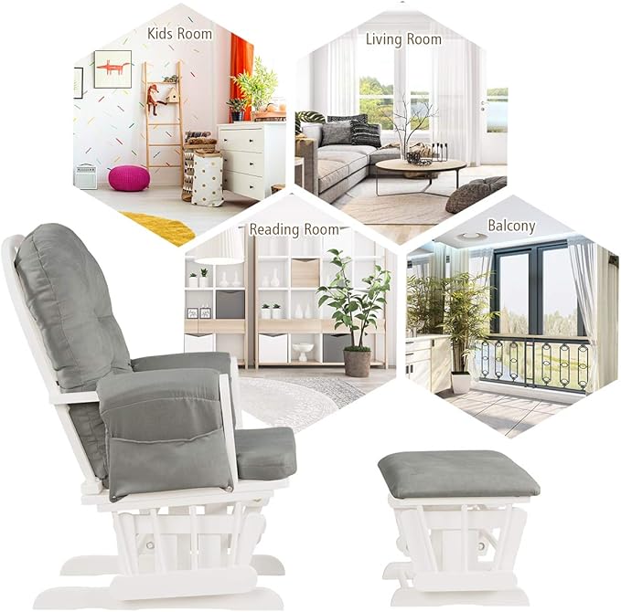 Costzon Nursery Glider with Ottoman, Upholstered Comfort Glider Rocker with Padded Cushion, Storage Pocket, Solid Wood Base, Rocking Chair Nursery for Breastfeeding, Napping (Light Gray)