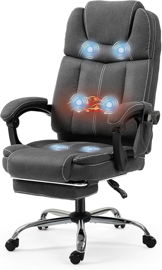 ECOTOUGE Massage Office Chair with Footrest, Ergonomic Adjustable Reclining Executive Home Desk Chair w/ 6 Vibration Points & Heat, Dark Grey