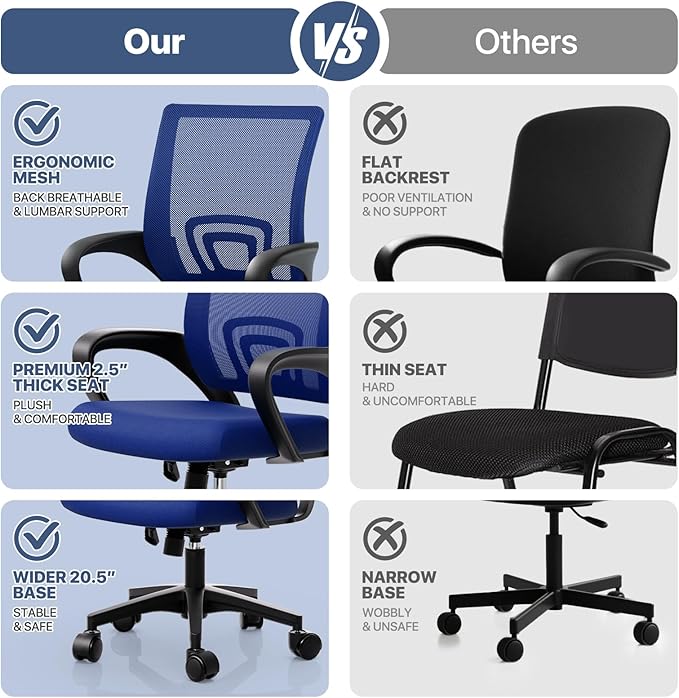 MoNiBloom Mesh Office Chair Set of 2, Ergonomic Computer Chair for Adults, Rolling Swivel Mid-Back Desk Chair with Lumbar Support, Comfy Armrest for Home Office, Gaming, Blue