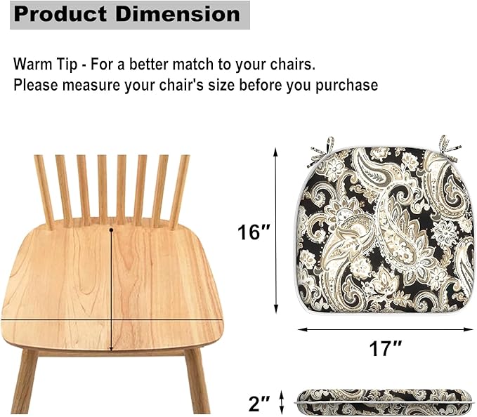 DYTXIII Set of 2 Outdoor Chair Cushions with Ties,Water Repellent Patio Chair Pads 17"x 16" for Outdoor Furniture,Round Corner Seat Cushions for Garden Yard Kitchen Paisley Black