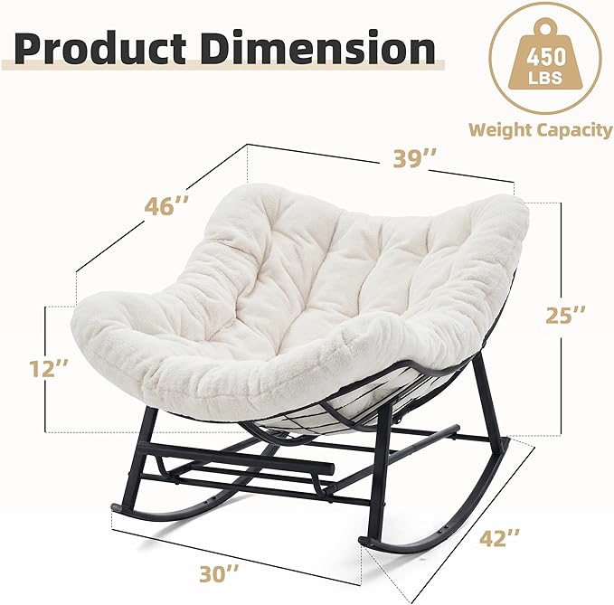 Oversized Rocking Chair Indoor with Foot Rest, Papasan Rocking Chair Outdoor, Lounge Chair with Cushion, Patio Egg Rocker Chairs, Comfy Reading Chairs for Living Room, Garden, Lawn, White