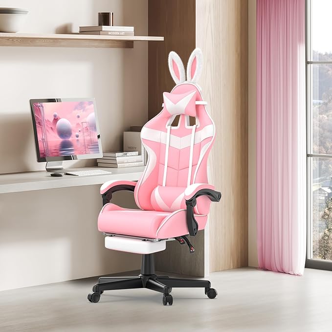 Soontrans Pink Gaming Chairs with Bunny Ears, Footrest,Ergonomic Home Office Desk Pink Chair,Lovely PC Computer Game Chair with Headrest and Lumbar Support Gamer Chair for Girls
