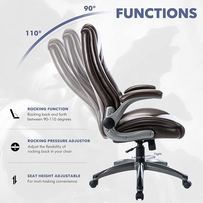 COLAMY Leather Executive Office Chair Set of 2 - High Back Ergonomic Home Computer Desk Chair with Padded Flip-up Arms, Adjustable Tilt Lock, Swivel Rolling Chair for Adult Working Study, Brown