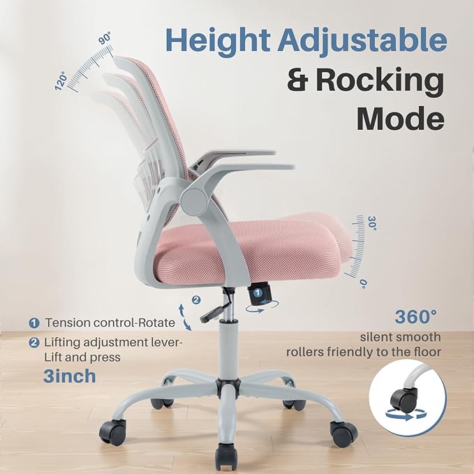 Sweetcrispy Home Office Managerial Executive Chair, Flip Up Armrest Ergonomic Mesh Adjustable Swivel Mid-Back Computer Desk Chair with Comfortable Lumbar Support, Comfy Arms for Bedroom,Study