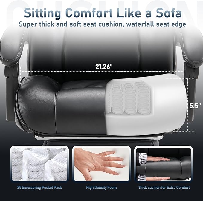 COLAMY Office Chair with Retractable Footrest, Ergonomic High Back Design Executive Computer Desk Chair with Removable Lumbar Pillow, 90-135°Reclining, Thick Bonded Leather for Home Office Work, Black