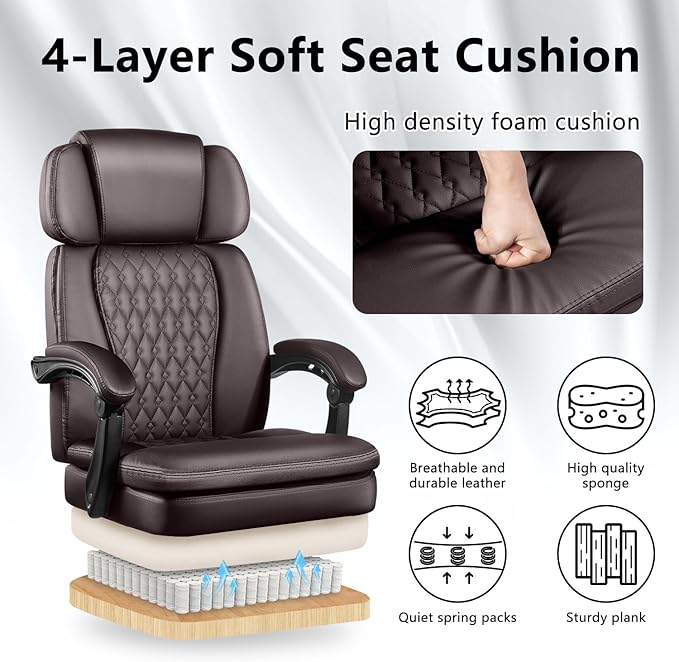 VENDORZe Office Desk Chair with Foot-Rest 400lbs, Heavy Duty Executive Office Chair, Comfy High Back Ergonomic PU Leather Desk Chair with Lumbar Support, Brown