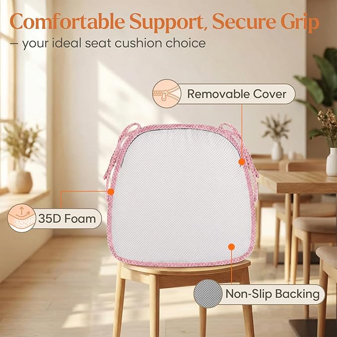 4 Pack Pink Chair Cushions with Ties Removable Covers, D-Shape Dining Kitchen Chair Seat Pads Non Slip 17"x16"