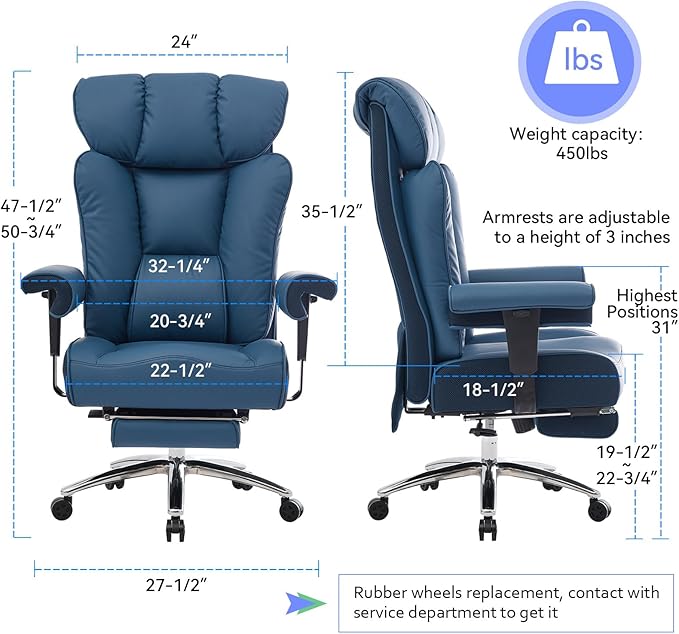Efomao Big and Tall Office Chair 400lbs - Heavy Duty Executive Desk Chair with Foot Rest & 23" Wide Seat - High Back Ergonomic Leather Computer Chair for Heavy People, Home Office, Blue