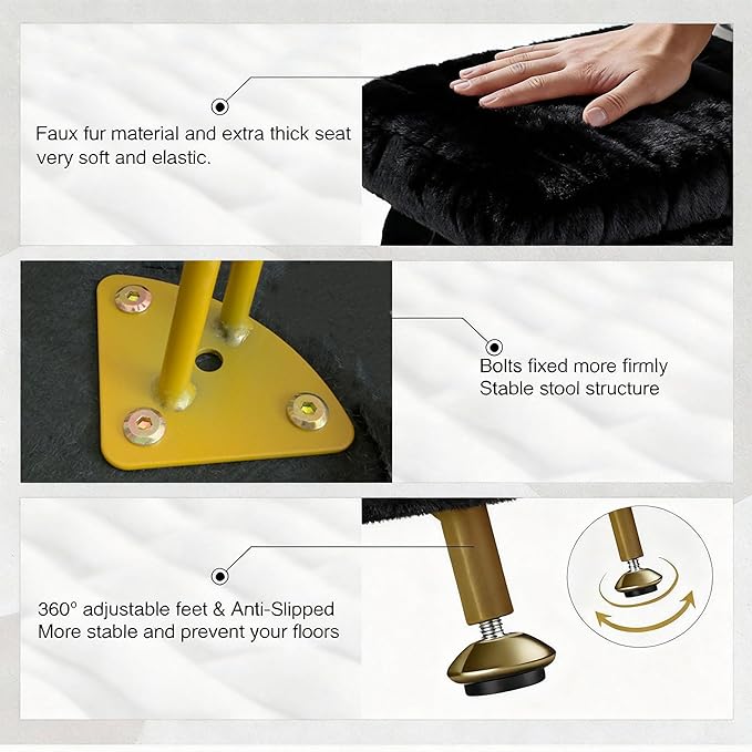 Small Foot Stool with Storage & Gold Metal Legs, Small Ottoman Foot Rest Under Desk for Couch, Chair, Black Furry with High-Density Resilient Sponge