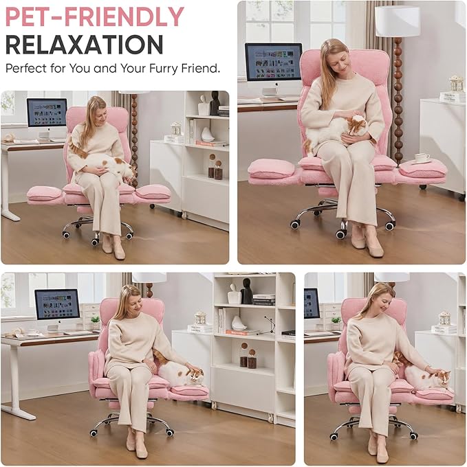 Big and Tall Office Chair with Flip Armrests, Cross Legged Office Chair with Storage Pockets, Comfortable Reclining Computer Chair with Foot Rest, Wide Home Desk Chair, Teddy Fleece, Pink