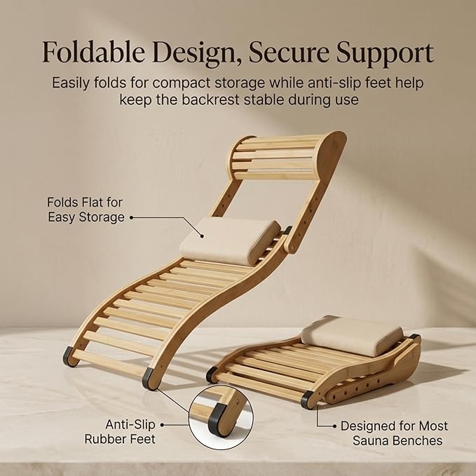 Sauna Backrest with Neck Pillow – Ergonomic S-Shape Bamboo Back Support for Infrared & Barrel Saunas – Foldable, Adjustable Headrest, Anti-Slip – Premium Lumbar Support for Long Sessions