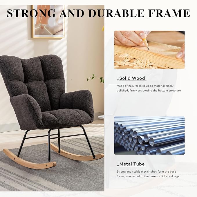 FOXHUNTER Rocking Chair Nursery Teddy Upholstered Glider Rocker High Backrest Nursery Rocker Comfortable Stylish Accent Armchair for Living Rooms Bedrooms Offices (Teddy Dark Gray)