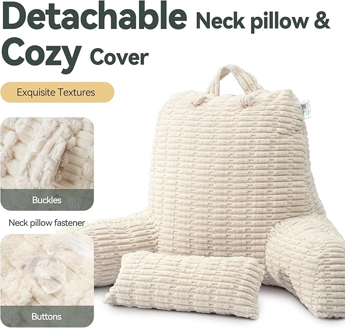 24" Large Reading Pillow with Detachable Neck Roll for Sitting in Bed Adult, Back Pillow with Blanket for Couch Bed Rest, Reading, Watching TV, Gaming