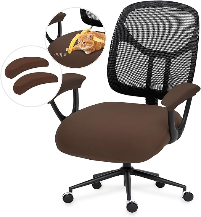 DIVA EN CAMINO DEC Stretchable Office Chair Seat Cushion Covers with Armrest Covers - Computer Chair Slipcover - Anti-Scratch Dogs, Cats, Pets Removable Washable Cushion Protectors (Mocha)