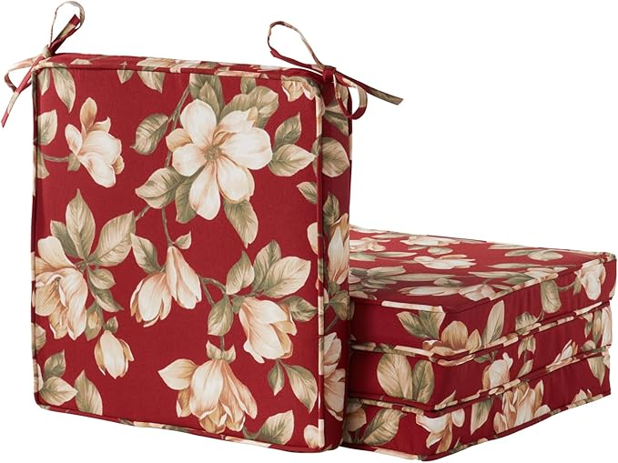 Outdoor 18 inch Square Patio Dining Chair Pads – Comfortable Fiber-Filled Seat Cushions with Ties, Reversible Polyester Fabric - Roma Floral, Set of 4