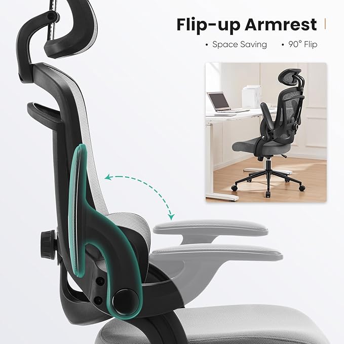 Sweetcrispy Executive Office Ergonomic Desk Chair, 300 LBS Home Mesh Chairs with Wheels, 2D Headrest, Up&Down Lumbar Support, Swivel High Back Computer Chair with Flip-up Armrests,Grey