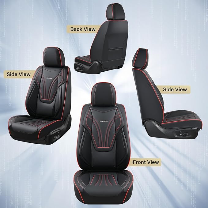 Coverado Car Seat Covers Full Set, 5 Piece Car Seat Protector with Lumbar Support & Removable Headrest, Breathable Leather Front Rear Seat Cushion Universal Fit for Truck Automotive Black & Red
