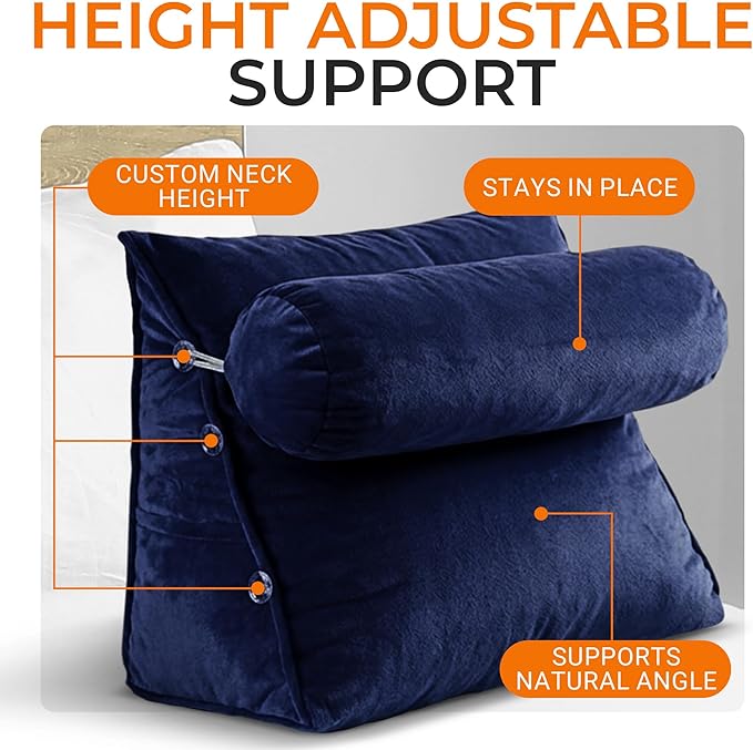 Cheer Collection Reading Wedge Pillow – TV Pillow with Adjustable Bolster Pillow, Memory Foam Back Support for Couch & Bed, Pillow Chair for Bed, Reading Pillows for Adults & Kids, Navy Blue