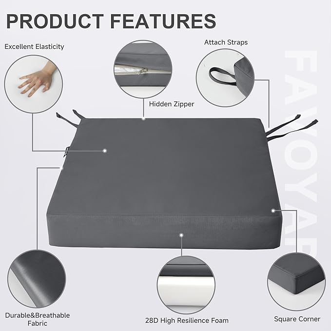 Favoyard Patio Chair Cushions 18 x 18 x 3 Inch Waterproof Outdoor Seat Cushions for Patio Furniture 3-Year Color Fastness Garden Sofa Couch Pads with Handle & Adjustable Straps Set of 2, Dark Grey