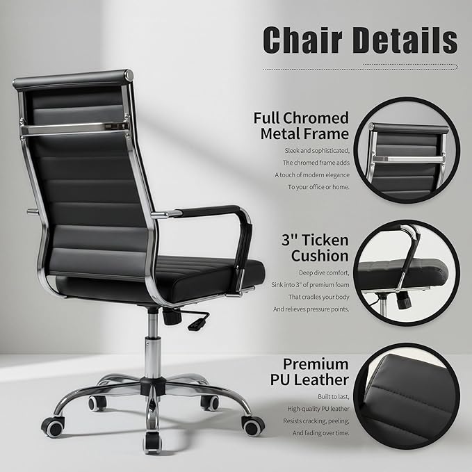 Okeysen Office Desk Chair, Ergonomic Leather Modern Conference Room Chairs, Executive Ribbed Adjustable Swivel Rolling Chair for Home Office.