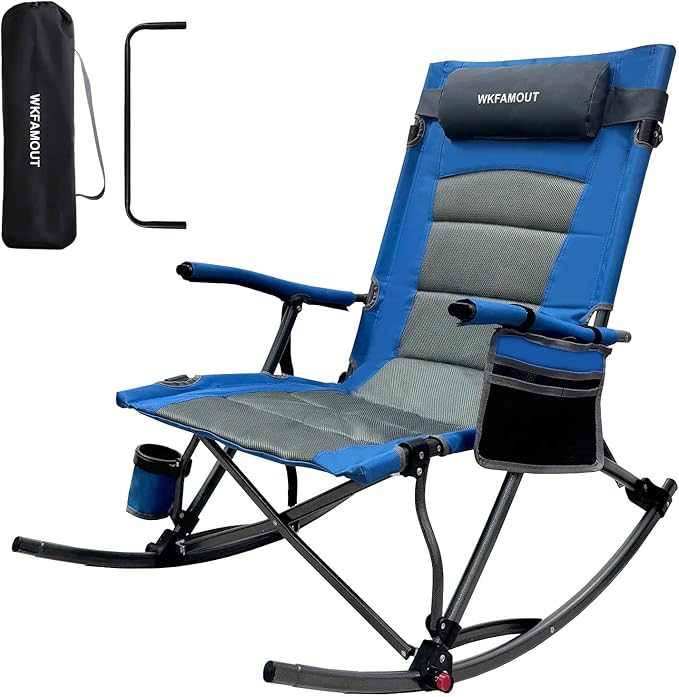 13.8" High Seat Rocking Camping Chair Outdoor with Foot Rest & Headrest, Oversized Folding Rocker Chair with Carry Bag for Lawn Patio Supports 300 lbs