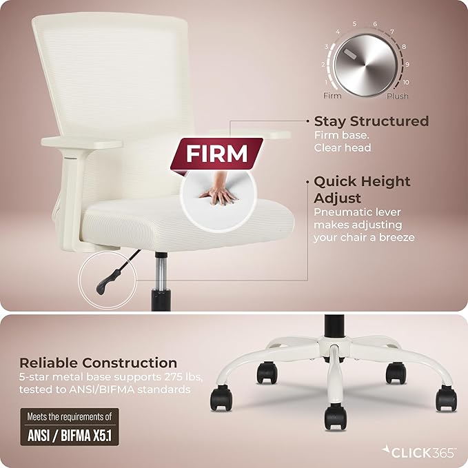 AeroCore M120 Ergonomic Mesh Office Chair, Breathable DeskChair with Lumbar Support, Cushioned Seat, Adjustable Height, Fixed Arms & Swivel, 275lbs Capacity, Cream