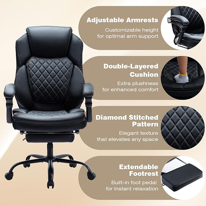 400lbs Reclining Office Desk Chairs with Footrest PU Leather Big Tall High Back Recliner Office Chairs with Wheels, Plus Size Managerial Executive Chair (Black)