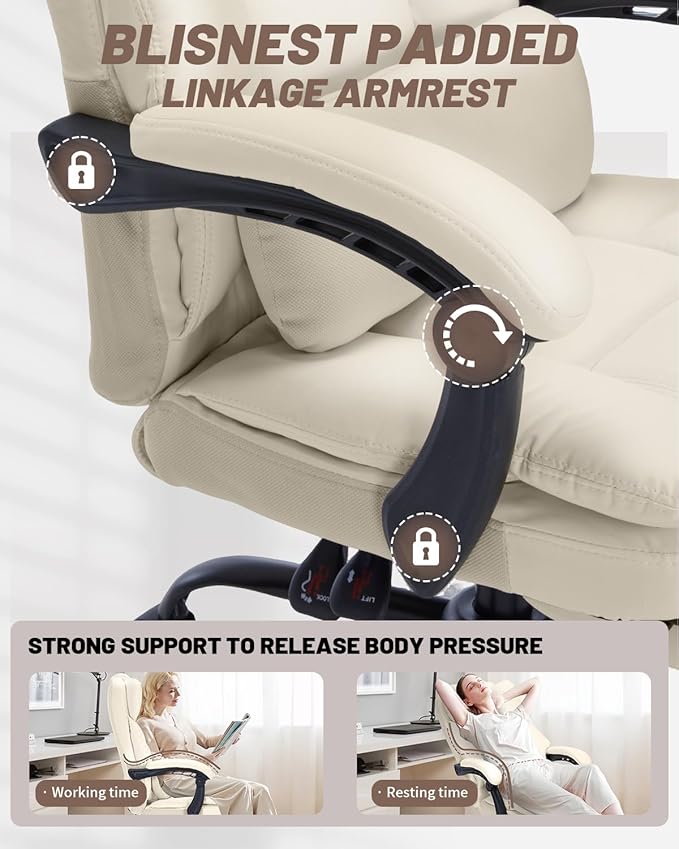 600lbs Office Chair with Footrest, Executive Chair with Padded Armrests, Reclining Desk Chair with Lumbar Support, High Back Leather Chair for Heavy People