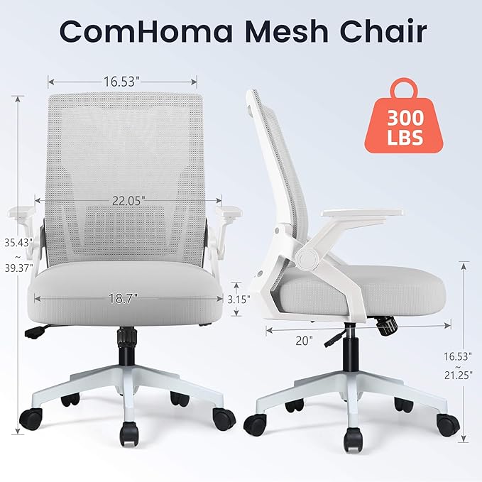 COMHOMA Office Chair with Flip-up Armrests Ergonomic Computer Desk Chair with Adaptive Lumbar Support & Breathable Mesh, Gray