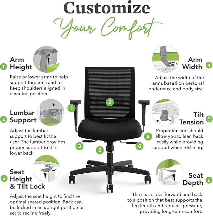 HON Convergence Ergonomic Office Chair with Mesh Back, Adjustable Arms, Lumbar Support, Synchro‑Tilt Desk Chair with Wheels for Home Office or Computer Use, Black Frame, Ruby