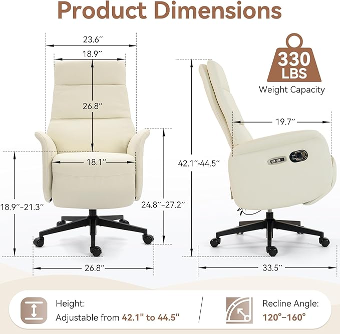 ECOTOUGE Ergonomic PU Leather Recliner Chair with Footrest, Electric Executive Office Chair for Home Office, Adjustable Seat Height and Backrest, 330 lbs Capacity, Beige