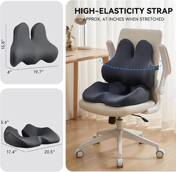 Seat Cushion Lumbar Support Pillow Set with Adjustable Fixed Strap, Memory Foam Coccyx Pad for Tailbone & Sciatica Pain Relief, Chair Cushions Back Support for Car, Office, Desk, Wheelchair