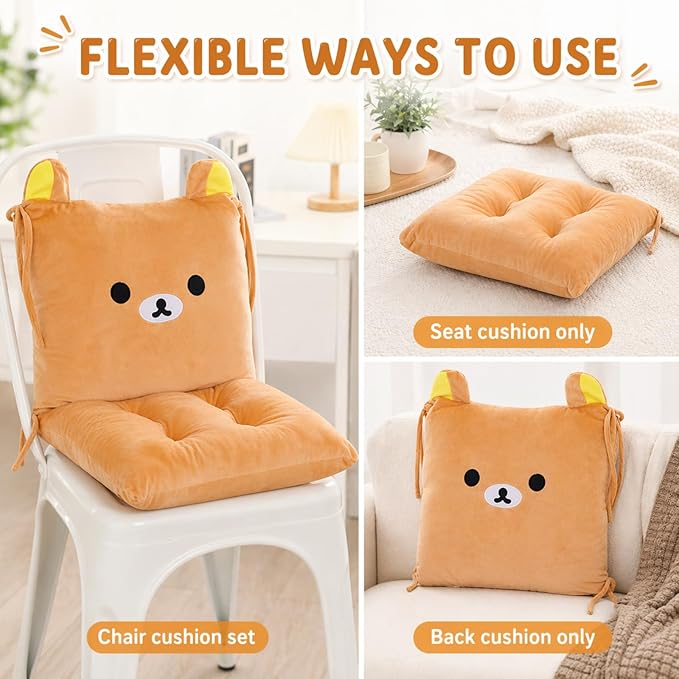 ChezMax Chair Cushion Plush Seat Cushion Back Cushion with Ties Thickened Desk Chair Pads Cartoon Waist Pillow Cushion Decor for Chair Car Office Patio Wheelchair Cartoon Bear