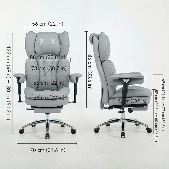 Efomao Big & Tall Executive Office Chair with Footrest - 400lbs Heavy Duty High Back PU Leather Desk Chair, Modern Ergonomic Reclining Computer Chair, Grey