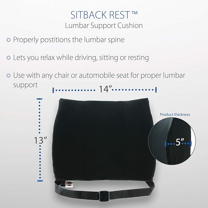 Core Products Sitback Rest Cushion Lumbar Support for Lower Back & Office Chair, Adjustable Strap Contoured Foam, Black - 13" x 14" x 5", Made in the USA