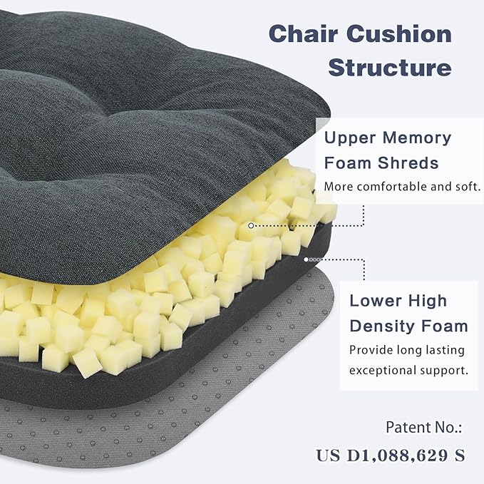 baibu Set of 2 Dining Chair Cushions, Dual-Layer Patent Design Memory Foam Kitchen Chair Cushions, Non-Slip Seat Pads with Ties, 16.5 x 16.5 x 3.5in, 2 Pack, Charcoal Grey