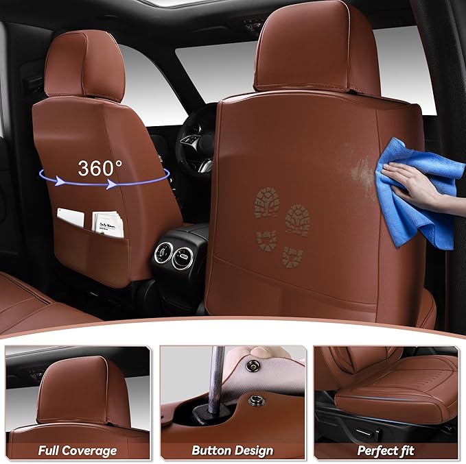 CAR PASS Luxury Nappa Leather Car Seat Covers Full Set, Lumbar Support Seat Covers for Car 5 Seats, Waterproof Car Seat Protector, Automotive Seat Covers Universal Fit for Most Sedans SUV Trucks Brown