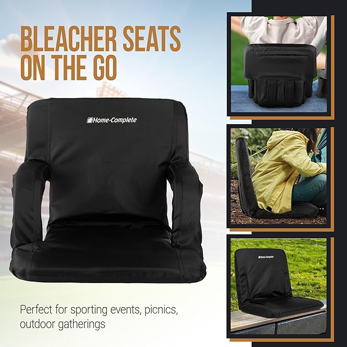 Home-Complete Stadium Seats - Bleacher Cushion with Padded Back Support and Armrests - 6 Reclining Positions Folding Stadium Chair with Carry Straps for Sports, Concerts, Camping, or Beach
