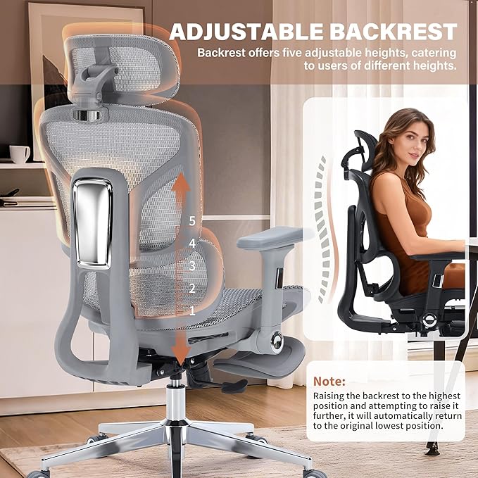 Ergonomic Office Chair with Footrest - 400lbs Heavy Duty Mesh Desk Chair, 5D Armrests, 3D Lumbar, 5 Level Backrest, Adjustable Headrest, Reclining High Back Swivel Chairs for Home Office