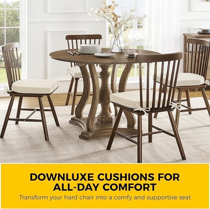 downluxe Indoor Chair Cushions for Dining Chairs, Soft and Comfortable Textured Foam Kitchen Chair Pads with Ties and Non-Slip Backing, 16" x 16" x 2", Beige, 2 Pack