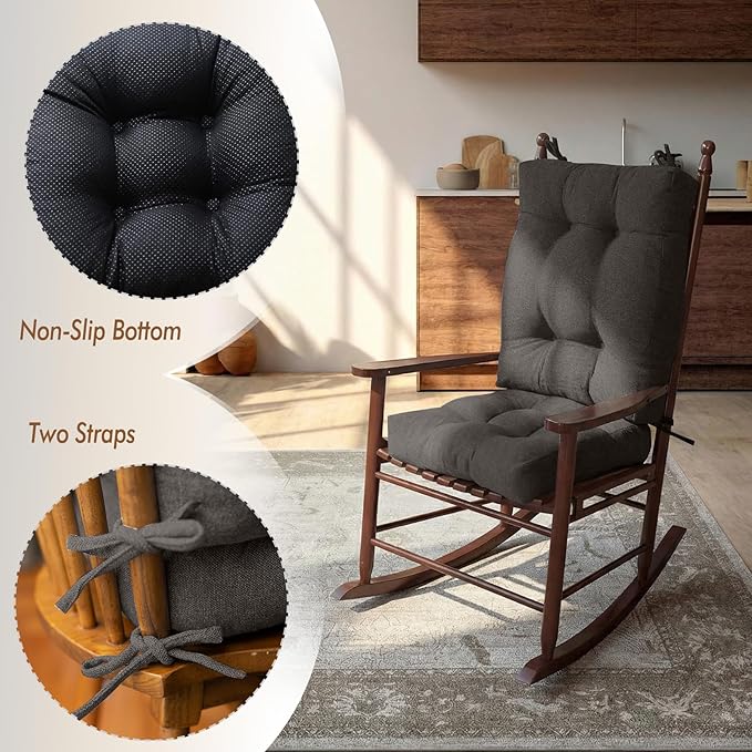 Rocking Chair Cushion, Set of 2, with Thicken Seat & Lumbar Support Back Cushion, Ergonomic Chair Cushion Non-Slip Bottom with Ties for Indoor/Outdoor Rocker, Office Chair, 22X17 Inch, Dark Grey