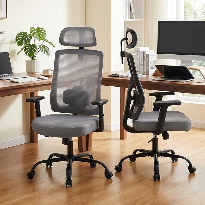 Ergonomic Office Chair, Swivel Mesh Office Chair with Headrest, Adjustable Desk Chair with Flip-Up Arms, Set of 2 Computer Chair for Home Office Work Study, Grey